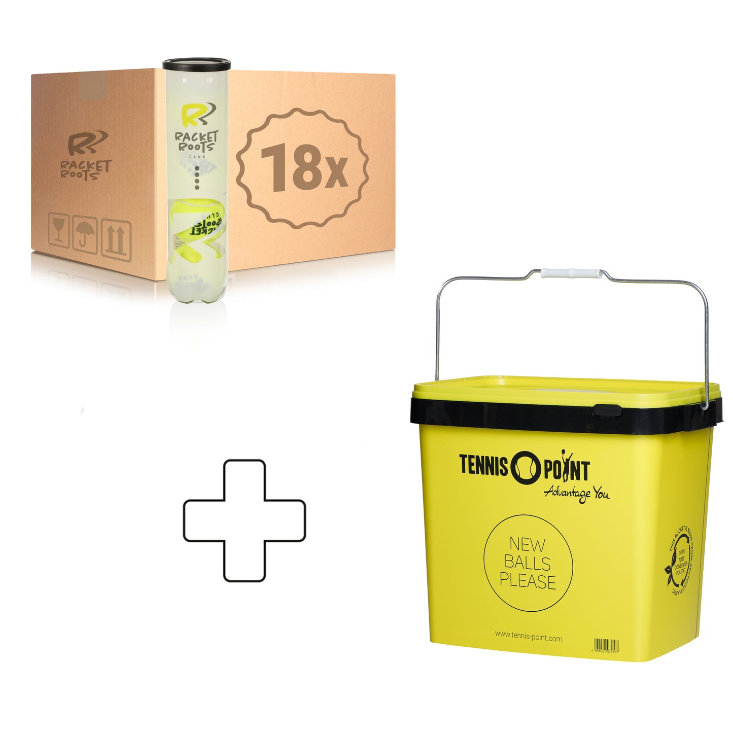 Racket Roots 18x 4er Dose Club Tennisball plus Balleimer Racket Roots 18x 4er Dose Club Tennisball plus Balleimer