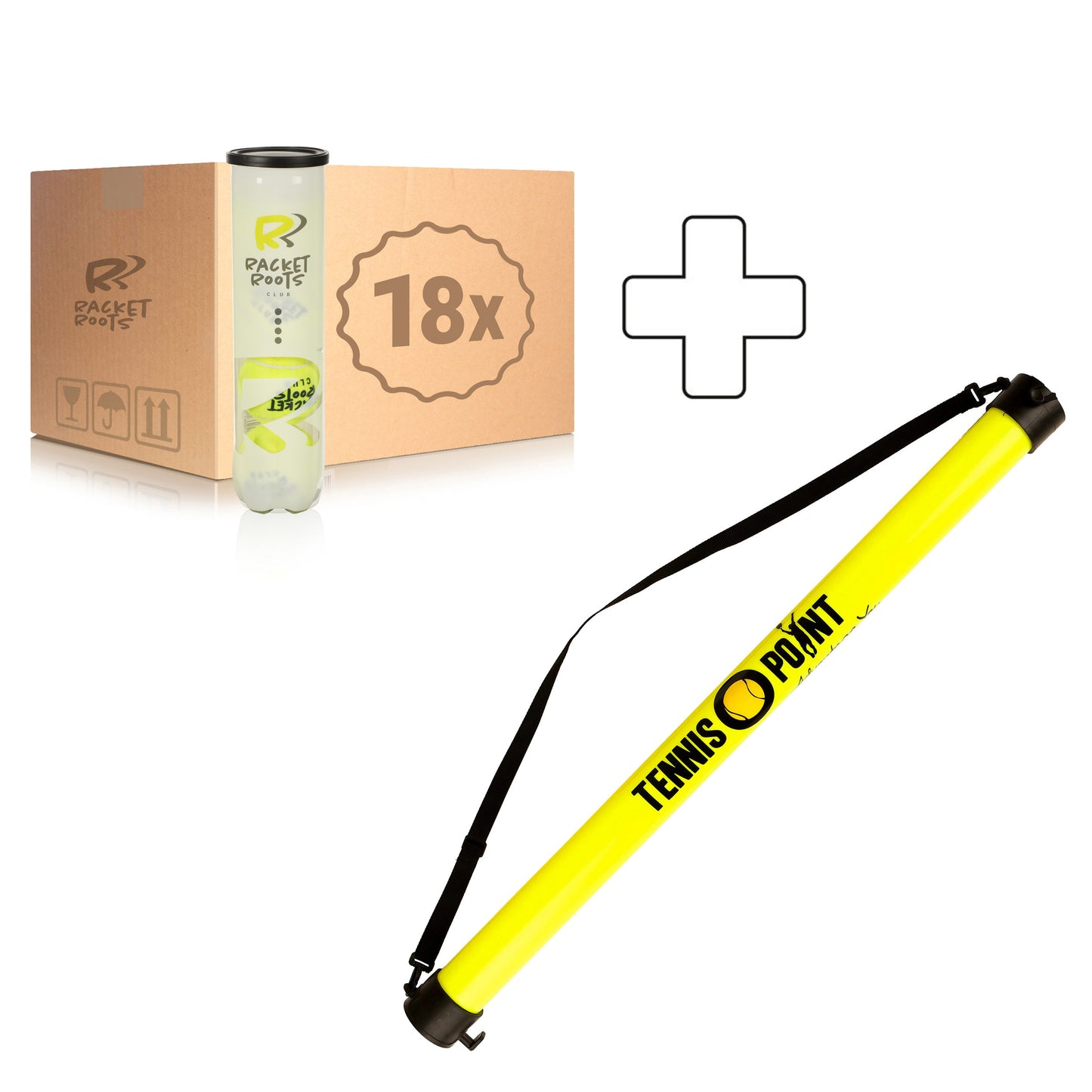 Racket Roots 18x 4er Dose Club Tennisball plus Ballsammelröhre Racket Roots 18x 4er Dose Club Tennisball plus Ballsammelröhre