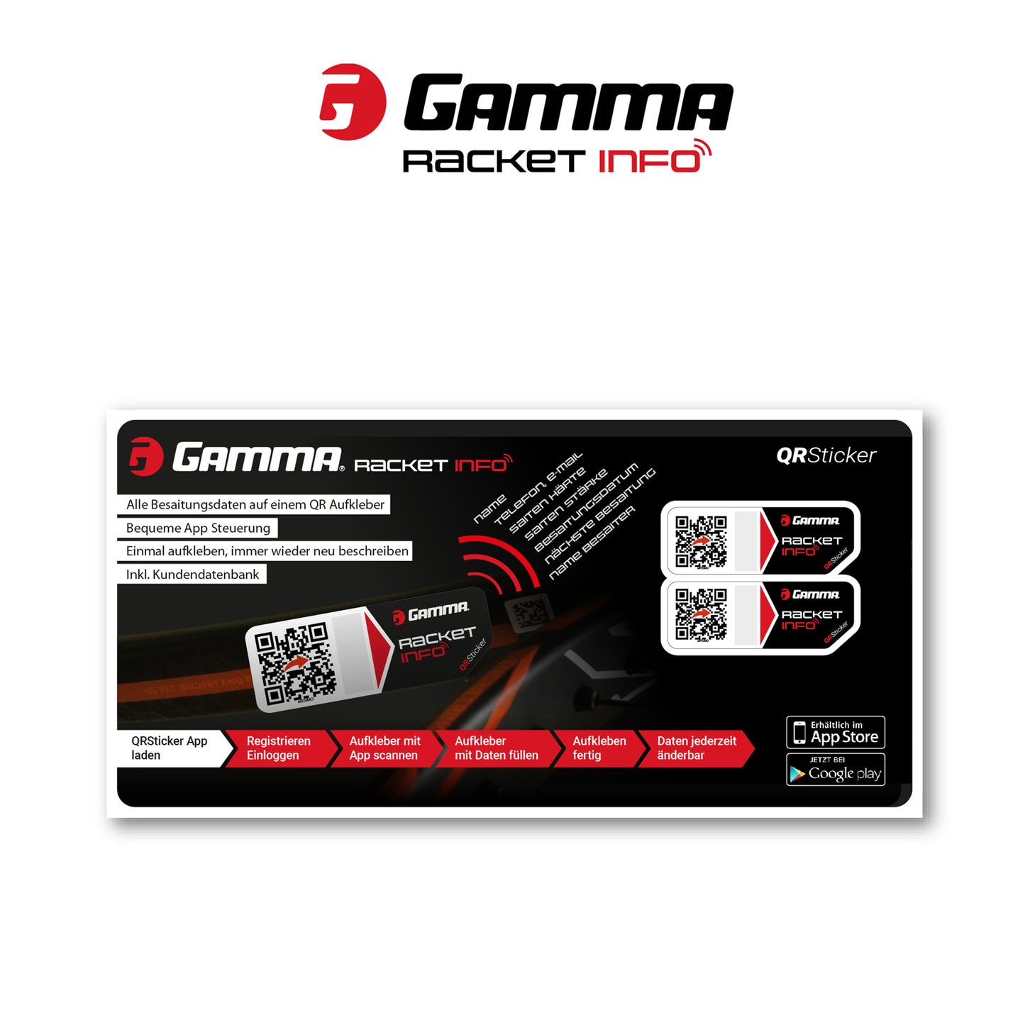 Gamma Racket Info Besaitungsaufkleber 2er Pack-Schwarz