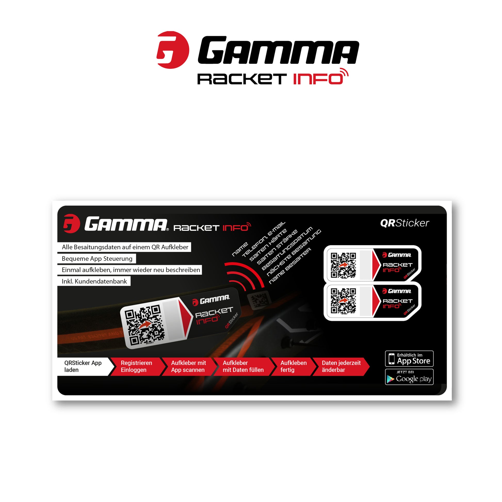 Gamma Racket Info Besaitungsaufkleber 2er Pack-Schwarz