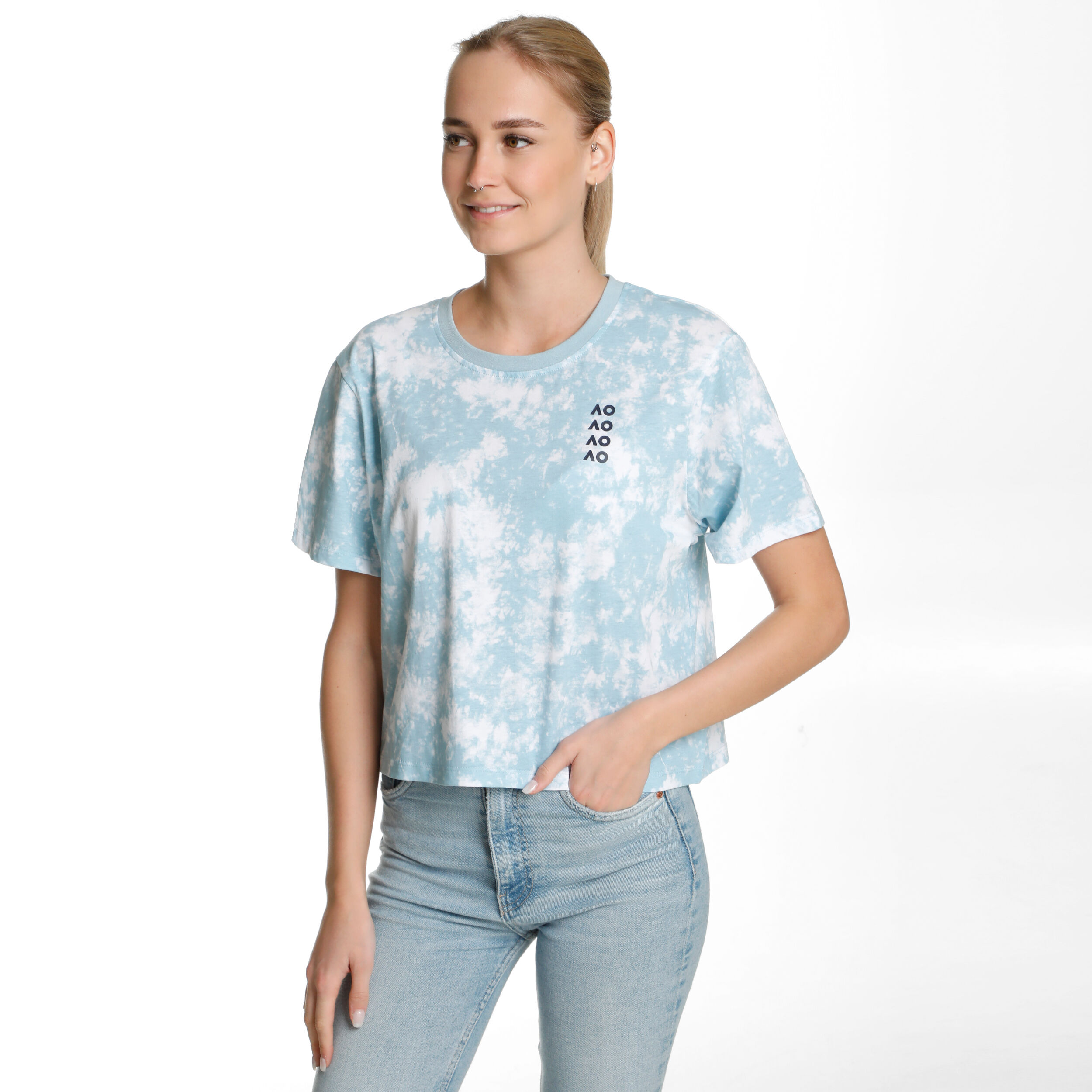 AO Tie Dye Cropped T Shirt Damen Hellblau WeiB