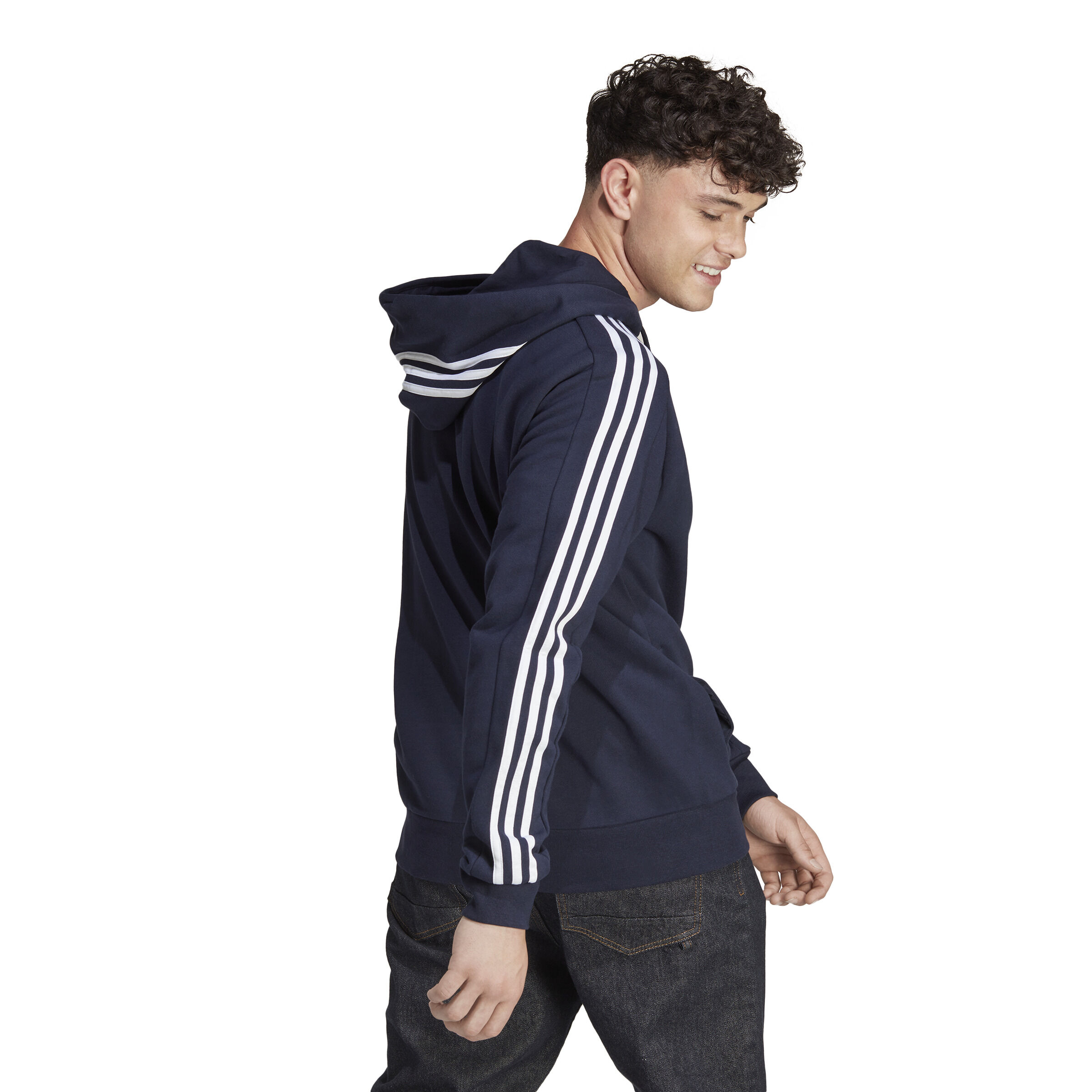 Essentials French Terry 3 Stripes Full Zip Sweatjacke Herren Dunkelblau WeiB