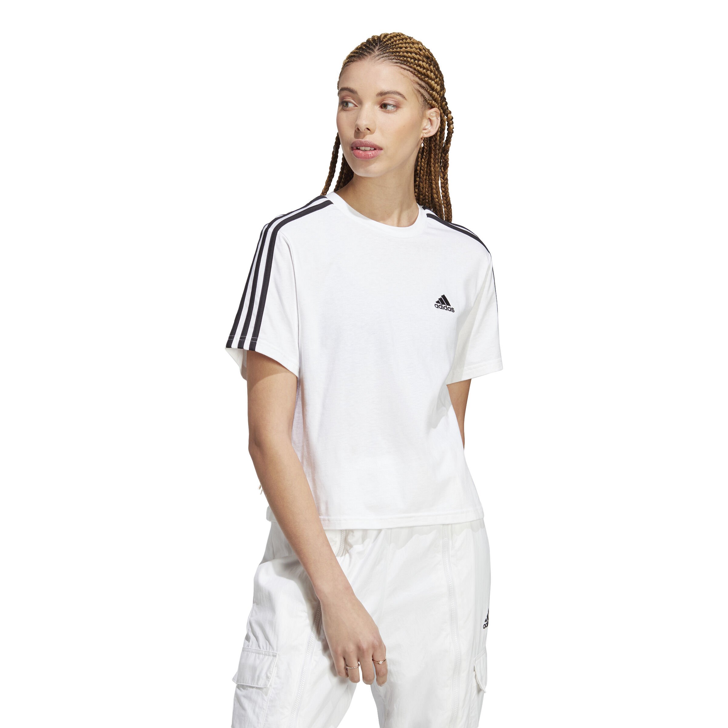Essentials 3 Stripes Single Jersey Crop T Shirt Damen WeiB Schwarz